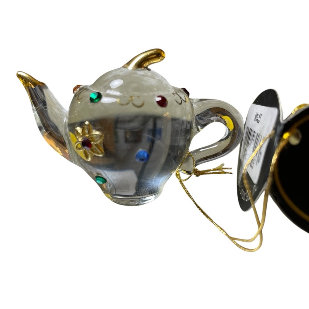 Glass Teapot Ornament with Gold 22K Accents Delicate and Small Hand Made